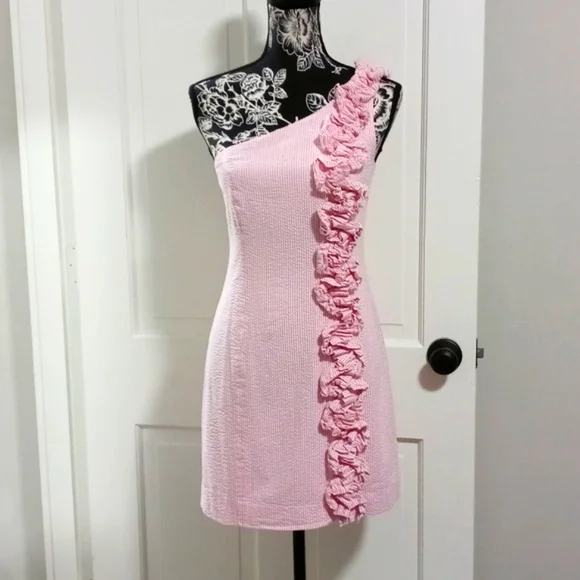one shoulder seersucker dress $228 NWT LILLY PULITZER Sz6 ADDISON ONE SHOULDER SEERSUCKER DRESS PINK TROPICS